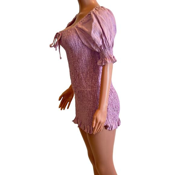 Faithfull The Brand Annibelis Mini Dress Sz M Purple Linen Smocked Puff Sleeve - Picture 5 of 16